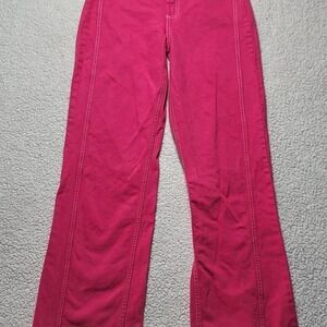 Zara Hot Pink Cut Out Waistband Contrast Stitch High Rise Jeans Size 2